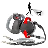 WIGZI Dual Doggie (2 DOG) Retractable Leash with Light (L.E.D), No Tangle 360 Technology, Independent Braking Each Dog up to 50lbs Each Dog with 10 ft Reflective Leads for Safety, Black & Gray Buttons