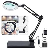 YOCTOSUN Magnifying Glass with Light and Stand, 10X Magnifying Lamp with Clamp, 5' Large Optical Glass Lens, 3 Color Modes Stepless Dimmable, Adjustable Swivel Arm Desk Magnifier for Hobby Reading