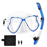 Snorkelfun Dry Snorkeling Gear for Adults, Panoramic Wide View Snorkel Mask, Professional Scuba Mask and Snorkel, Anti-Fog Tempered Glass Diving Snorkel Set (Blue)