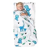 JumpOff Jo - Toddler Nap Mat for Preschool, Daycare, and Kindergarten - Sleeping Bag for Kids with Removable Pillow and Ultra Soft Blanket - Blue Dino