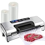 Potane Precision Vacuum Sealer Machine,Pro Food Sealer with Built-in Cutter and Bag Storage(Up to 20 Feet Length), Both Auto&Manual Options,2 Food Modes,Includes 2 Bag Rolls 11”x16’ and 8”x16’,Compact Design