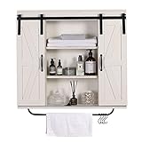 RUSTOWN Rustic Wood Wall Storage Cabinet with Two Sliding Barn Door, 3-Tier Decorative Farmhouse Vintage Cabinet for Kitchen Dining, Bathroom, Living Room, Vintage White