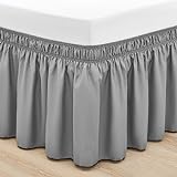 RIMELA Grey Bed Skirt Queen 15 Inch Drop Wrap Around Elastic Dust Ruffles Solid Color Wrinkle and Fade Resistant with Adjustable Elastic Belt Easy to Install Silver Gray