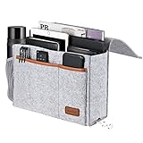 Bedside Caddy, Felt Bed Storage Organizer Hanging Bag Holder with 5 Pockets, Magazine Book Phone Tablet iPad Cables Remote and Water Bottle Holder for Home Dorm Bed Sofa, Light Gray