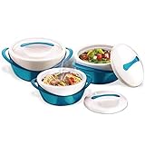 Pinnacle Insulated Casserole Dish with Lid 3 pc. set 2.6/1.25/.6 qt. Elegant Hot Pot Food Warmer/Cooler - Large Thermal Soup/Salad Serving Bowl- Stainless Steel –Best Gift Set for Moms –Holidays Teal