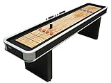 Atomic 9’ Platinum Shuffleboard Table with Poly-coated Playing Surface for Smooth, Fast Puck Action and Pedestal Legs with Levelers for Optimum Stability and Level Play