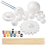 Pllieay Solar System Model Foam Ball Kit Includes 14PCS Mixed Sized Polystyrene Spheres Balls, 12PCS Bamboo Sticks, 12 Color Pigments, 2PCS Painting Brushes for School Science Projects