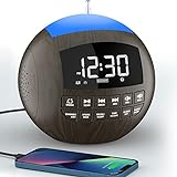 Alarm Clock Radio, Wooden Clock Radio for Bedroom, Bluetooth Alarm Clock FM Radio with 7 Color Night Light, Type C & USB Charger Port, Battery Backup,LED Dimmer Display, Timer, for Home Nightstand Kid