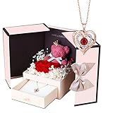 Mothers Day Gifts Preserved Real Rose Gift Box with Rose Gold Heart Necklace for Mom Girlfriend Wife on Christmas Birthday Mother’s Day Anniversary Valentines Christmas Gift Ideas for Her