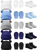 Baby Ears Newborn Hats Mittens and Socks Set for Boys Girls Beanie Hat 0-6 Month (White, Black, Gray, Light Blue, Navy Blue,5 Set)