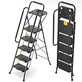 KINGRACK 5 Step Ladder with Tool Platform, Folding Step Stool with Handrails, Sturdy Steel Ladder with Wide Pedal, 800 LBS Portable Safety Ladder for Adults Painting Home Outdoor Garage