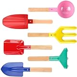 UMUACCAN 6 Piece Kids Beach Tools,Children Beach Sand Toys, Made of Metal with Sturdy Wooden Handle,Safe Beach Gardening Set,Spoon, Fork, Trowel, Rake & Shovel for Kids