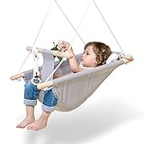 Baby Swing for Baby and Toddler, Canvas Baby Hammock Swing Indoor and Outdoor with Safety Belt and Mounting Hardware, Wooden Hanging Swing Seat Chair for Baby up to 4 Year - Little Cloud