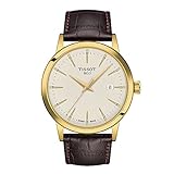 Tissot Mens Classic Dream 316L Stainless Steel case with Yellow Gold PVD Coating Quartz Watch, Brown, Leather, 22 (T1294103626100)
