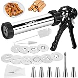PAHTTO Churro Maker Machine, Stainless Steel Churros Gun Kit Set, Durable, Piping Bag, Churro Filler, 6 Piping Nozzles and 9 Cookie Discs, Easy to Clean with 2 brushes, Cookie Maker Machine