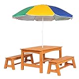 JOYMOR Kid Picnic Table with Umbrella, Wooden Picnic Table Set for Outdoors, Children Outdoor Activity Table and Bench Set