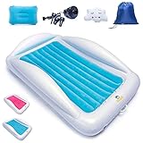Sleepah Inflatable Toddler Travel Bed – Inflatable & Portable Bed Air Mattress Set –Blow up Mattress for Kids with High 3 Safety Bed Rails. Set Includes Pump, Case, Pillow & Plush (Aquamarine)