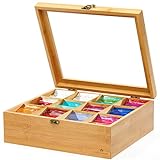 RoyalHouse Big Natural Bamboo Tea Storage Organizer with Clear Acrylic Top Window, 12 Compartments Eco-Friendly Tea Bag Holder, Multi-Functional Storage Box