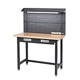 Lighted Hardwood Top Workbench Dark Grey cushioned lined storage drawers