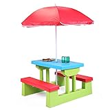 Sandinrayli Kids Playful Picnic Table w/Umbrella Plastic Folding Outdoor Children Set Play Bench(Red+Green+Blue) (Multicolored 2)