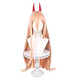 ZGNGLIZ Anime Cosplay Wig for Chainsaw Man Power Light Orange Cosplay Wig +2 Horns Long Straight Costume Wigs with Bangs + Free Wig Cap