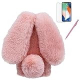 Bunny Case for iPod Touch 7 / 6 / 5, Girlyard Cute Rabbit Ears Warm Fluffy Handmade Rabbit Fur Soft Plush Flexible TPU Bumper Phone Shell Furry Protective Cover for Girls - Pink