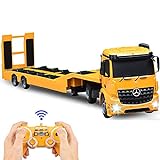DOUBLE E Benz Authorized Remote Control Semi Truck with 2 Batteries 2.4Ghz Trailer RC Flatbed Trailer Crane Tractor, Electronics Construction Vehicles Toy with Sound and Lights