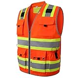 LOHASPRO Surveyor Safety Vest Reflective for Men High Visibility Class 2 Heavy Duty Safety Vests with Pockets and Zipper Construction Work Vest 14 pockets(SV56 Orange,Medium)