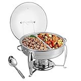 5 Quart Stainless Steel Divided Tray Chafing Dish with Bonus Slotted Spoon and Drip Tray for Lid. Keeps linens dry. For weddings, entertaining, receptions, events