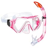 Kids Snorkel Set,Anti-Fog Snorkeling Gear for Kids Youth Boys Girls Age 5-12,Tempered Glass Swimming Goggles Diving Mask 180 Degree Panoramic View Snorkeling Packages Snorkeling Set