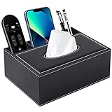 Multifunction PU Leather Tissue Box Cover Rectangular Upgrade Large Size Stationery Napkin Remote Control Holder Storage Box,Facial Tissue Dispenser Desk Organizer Caddy Home Office Supplies (Black)