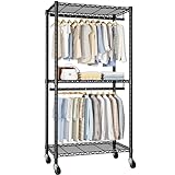FUTASSI Portable Closets, Heavy-Duty Garment Rack with Shelves and Hanger Rods, Rolling Freestanding Wardrobe System, Clothes Organizers and Storage with 2 Lockable Casters, 30'W x 14'D x 76'H, Black