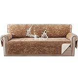 Sofa Slipcover 100% Waterproof Sofa Cover Couch Cover Premium Velvet Classic Flower Pattern Furniture Protector Non Slip with Elastic Straps for Pets Dogs Width Up to 72 Inch (Large Sofa, Camel)