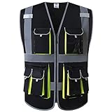 JKSafety 10 Pockets High Visibility Zipper Front Black Safety Vest with High Reflective Strips Meets ANSI/ISEA Standards (Medium, 88-Black)