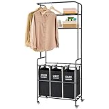 Laundry Sorter Hamper with Wheels - 3 Section Laundry Basket Cart Clothes Organizer With Hanging Bar Rack & 2 Tier Storage Shelf for Laundry Room Bathroom Bedroom