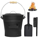 Ash Bucket with Lid, Shovel and Hand Broom, 2.6 Gallon Fireplace Metal Bucket Reinforced Base & Ash Can, Fire Pit,Wood Burning Stove for Fireplace, (Ash Bucket-2.6Gallon)