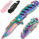 Rainbow Pocket Knife - Legal Knife with Glass Breaker Seatbelt Cutter - 2.68 Inch Serrated Blade - Cute Womens Knives - Cool Small Folding Knife for Self Defense - Birthday Gifts for Women - 6655 R