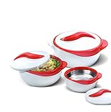 Pinnacle Insulated Casserole Dish with Lid 3 pc. Set 2.6/1.5/1 qt. Hot Pot Food Warmer/Cooler –Thermal Soup/Salad Serving Bowl- Stainless Steel Hot Food Container–Best Gift Set for Moms –Holidays Red