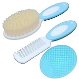 Baby Hair Brush &Silicone Baby Cradle Cap Brush Set, for Newborns & Toddlers-Natural Soft Goat Bristles-Ideal for Cradle Cap-Perfect Baby Registry Gift (Blue)