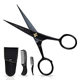 ONTAKI 5' Professional German Beard & Mustache Scissors With 2 Comb & Carrying Pouch for Men Hand Forged Bevel Edge For Precision - Perfect Facial Hair Grooming Kit All Body Hair (Black)