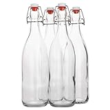 AYL Flip Top Glass Bottle [1 Liter / 33 fl. oz.] [Pack of 4] – Swing Brewing Bottle with Stopper for Beverages, Oil, Vinegar, Kombucha, Water, Soda, Kefir – Airtight Lid & Leak Proof Cap – Clear