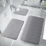 3 Piece Bathroom Rugs Thickened Memory Foam Bathroom Mat Sets, Non Slip Quick Drying Bath Mat Rug Toilet Mats, Soft Comfortable, Machine Washable, Easier to Dry for Floor Mats (Gray)