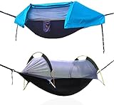 OHMU 440Lbs Camping Hammock with Mosquito Net and Rainfly Cover,2 Persons 4 in 1 Lightweight Backpacking Ground Hammock Tent Blue