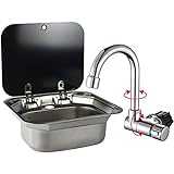 E EZEXPREZE RV Sink Stainless Steel Kitchen Hand Wash Basin Sink with Folded Faucet Tempered Glass Lid Washbasin for Camper Trailer Caravan (sink with faucet U)