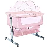 Bedside Sleeper Bedside Cribs, Baby Bassinet 3 in 1 Travel Baby Crib Baby Bed with Breathable Net, Adjustable Portable Bed for Infant/Baby with Detachable Mosquito net and Mattress,Pink