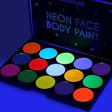 BADCOLOR Glow UV Face Paint, 15 Colors Neon Eyeshadow Palette, Water-Based UV Blacklight Face Body Paint for Kids - UV Eyeliner Makeup Palette for Halloween Glow Party Club Music Festivals