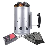 Eau Large Charcoal Chimney Starter, 11x7 Inch Chimney Starter with Set Fireplace Accessories for BBQ Charcoal Grill Briquette Coal Fire Starter Chimney, Quick Rapid Fire Briquette Charcoal Starter