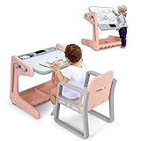 Costzon 2 in 1 Kids Table & Chair, Art Easel w/Adjustable Magnetic Painting Board, Storage Space, Art Supply Accessory, Children Convertible Activity Table Set for Drawing Reading Art Playroom (Pink)