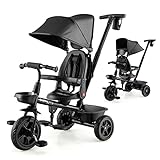 BABY JOY Tricycle, 4 in 1 Toddler Bike W/Removable Push Handle, Reversible Seat, Foldable Footrest, All-Terrain EVA Wheel, Adjustable Canopy, Ideal for Kids 12-60 Months, Tricycle for Toddler (Black)