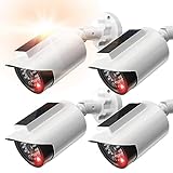 BNT Solar Powered Fake Security Camera, Bullet Shape Fake Surveillance Camera with Red LED Light for Night, Security Warning Sticker, for Outdoor Safety Alert (White 4Pack)